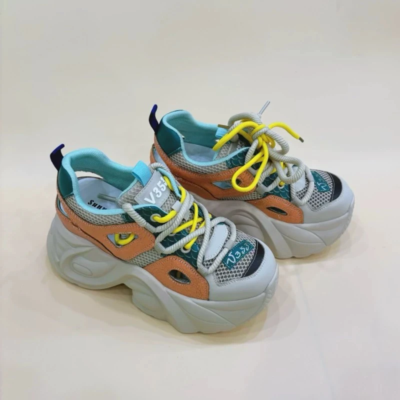 镂空透气内增高老爹鞋2024夏季新款真皮休闲鞋单鞋女B356-D126