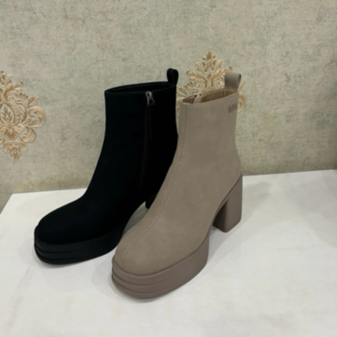 秋冬百搭复古厚底高跟鞋黑色侧拉链绒面方头粗跟短靴女3676