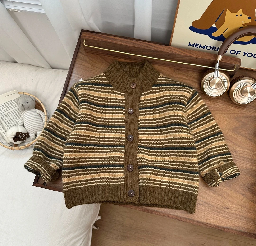 【斑马】儿童加厚毛衣2024新款咖色条纹加厚毛衣BMD3518