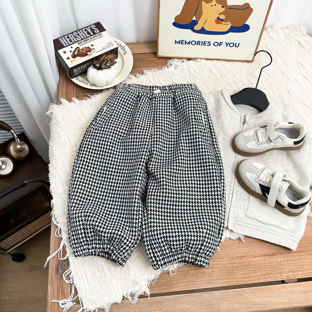 【新品】儿童休闲裤2024年新款男童秋冬装加绒黑白格收脚裤BMD3387