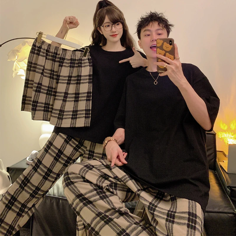 夏季大码宽松家居服套装短袖长裤棉质可外穿套头休闲情侣装睡衣胖