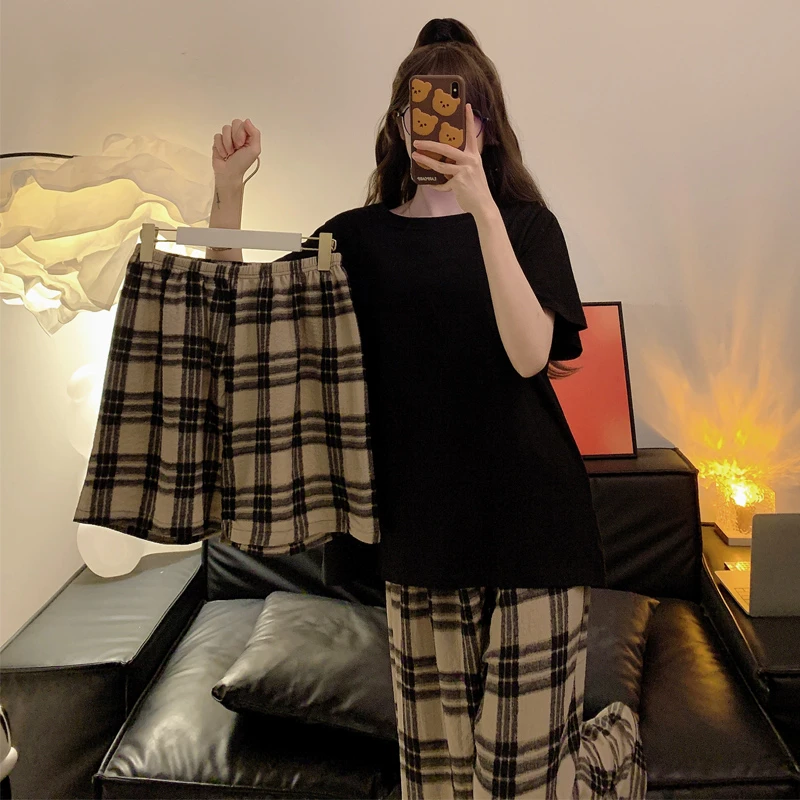 夏季大码女宽松家居服套装短袖短裤长裤三件套可外穿套头睡衣胖MM