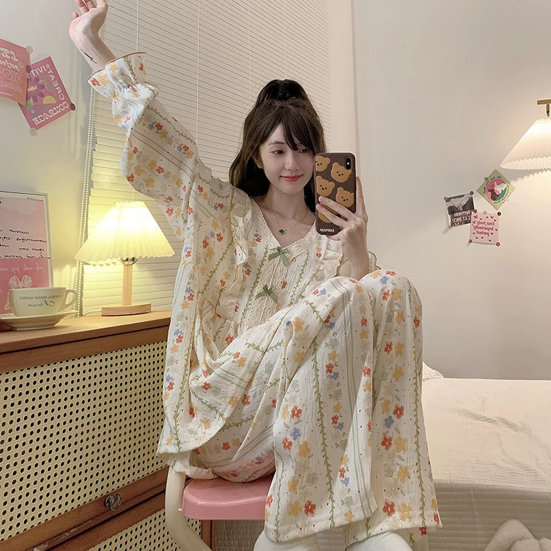 V领大码睡衣女宽松版型孕妇可以穿秋季长袖长裤220斤家居服套装胖