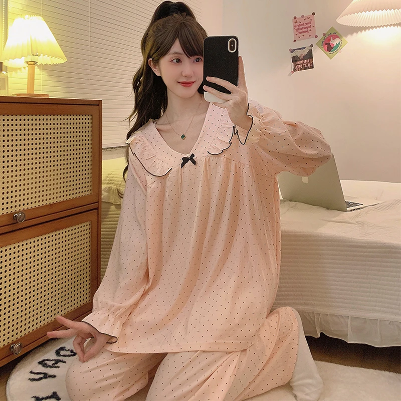 云朵棉大码睡衣女套装加大加肥胖MM250斤甜美V领长袖休闲装家居服