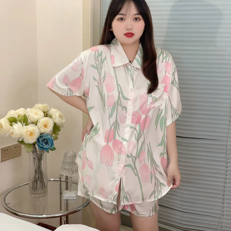 性感撩人冰丝睡衣女2024新款夏薄款高级感短袖加肥加大码家居服潮