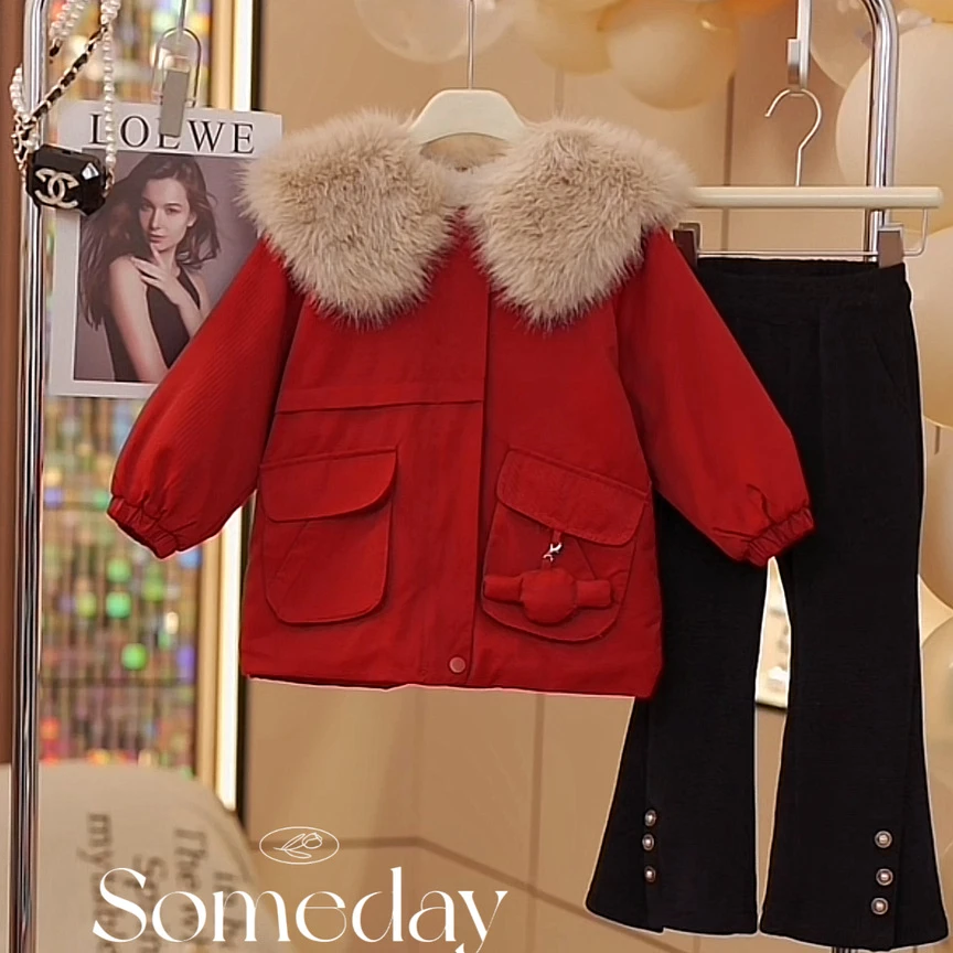 女童冬装加绒派克服外套韩版洋气过膝喜庆小女孩棉服宝宝红色冬装
