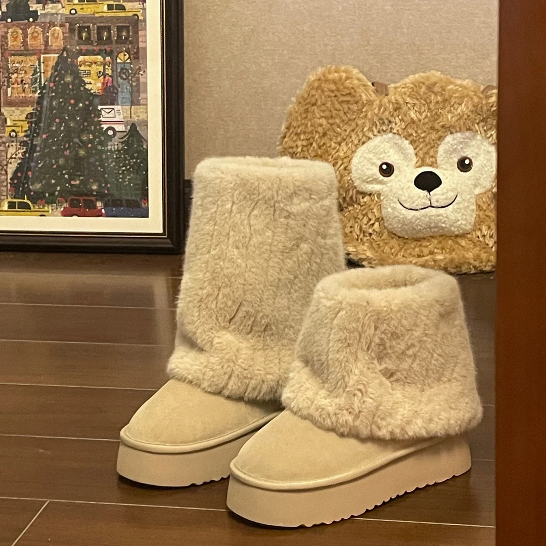 仿水貂毛拼接加绒加厚雪地靴女款2023新款冬季保暖靴子女厚底棉鞋