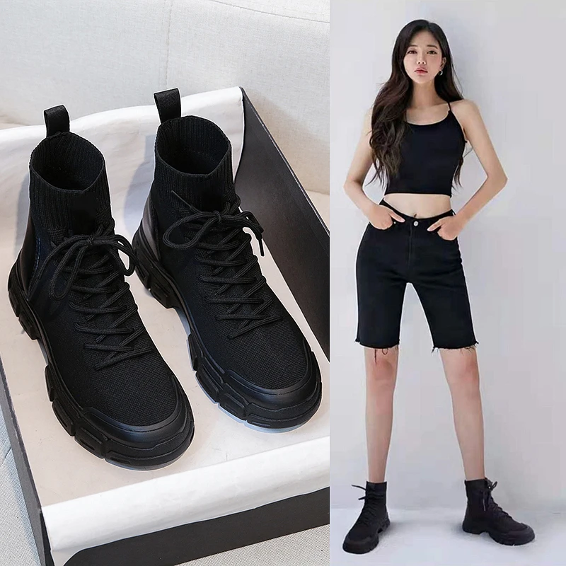 飞织透气马丁靴女夏季款弹力袜子鞋女款爆款2023新款短靴春秋单靴