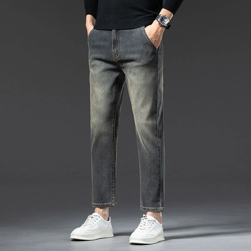 高端复古秋冬季男士牛仔裤直筒宽松2025新款弹力男九分长裤子潮流