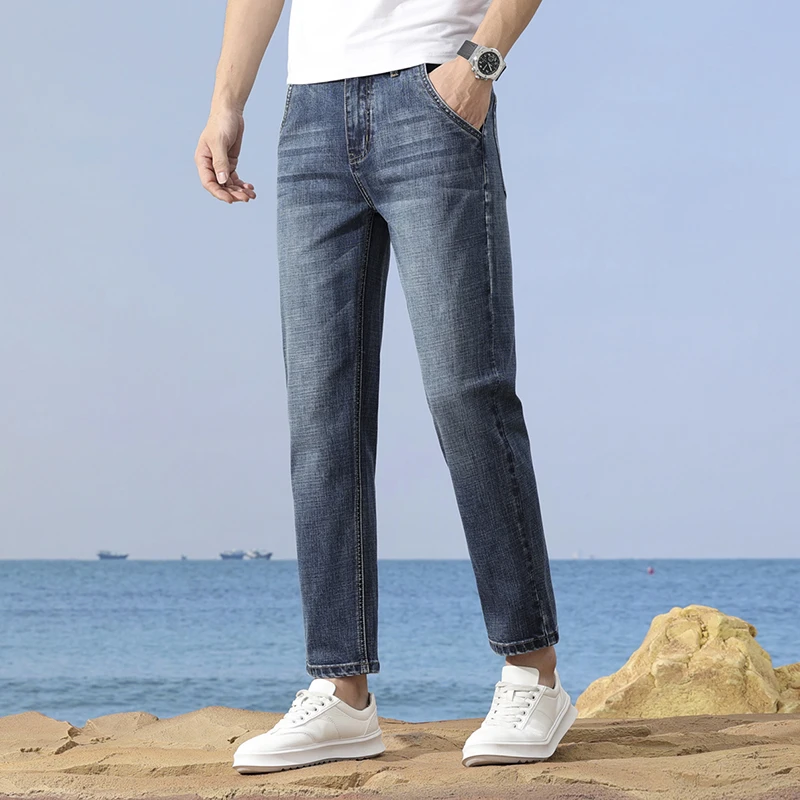 2025年夏季薄款弹力修身直筒牛仔裤男士潮流九分百搭长裤子男潮流