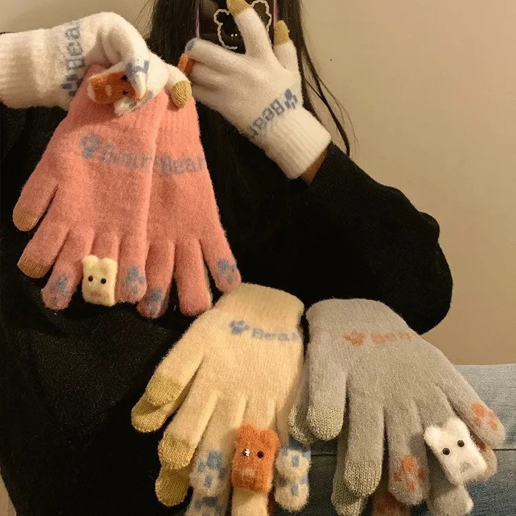 冬天保暖加厚可爱毛绒手套女生学生户外骑车冬季防寒毛线针织护手