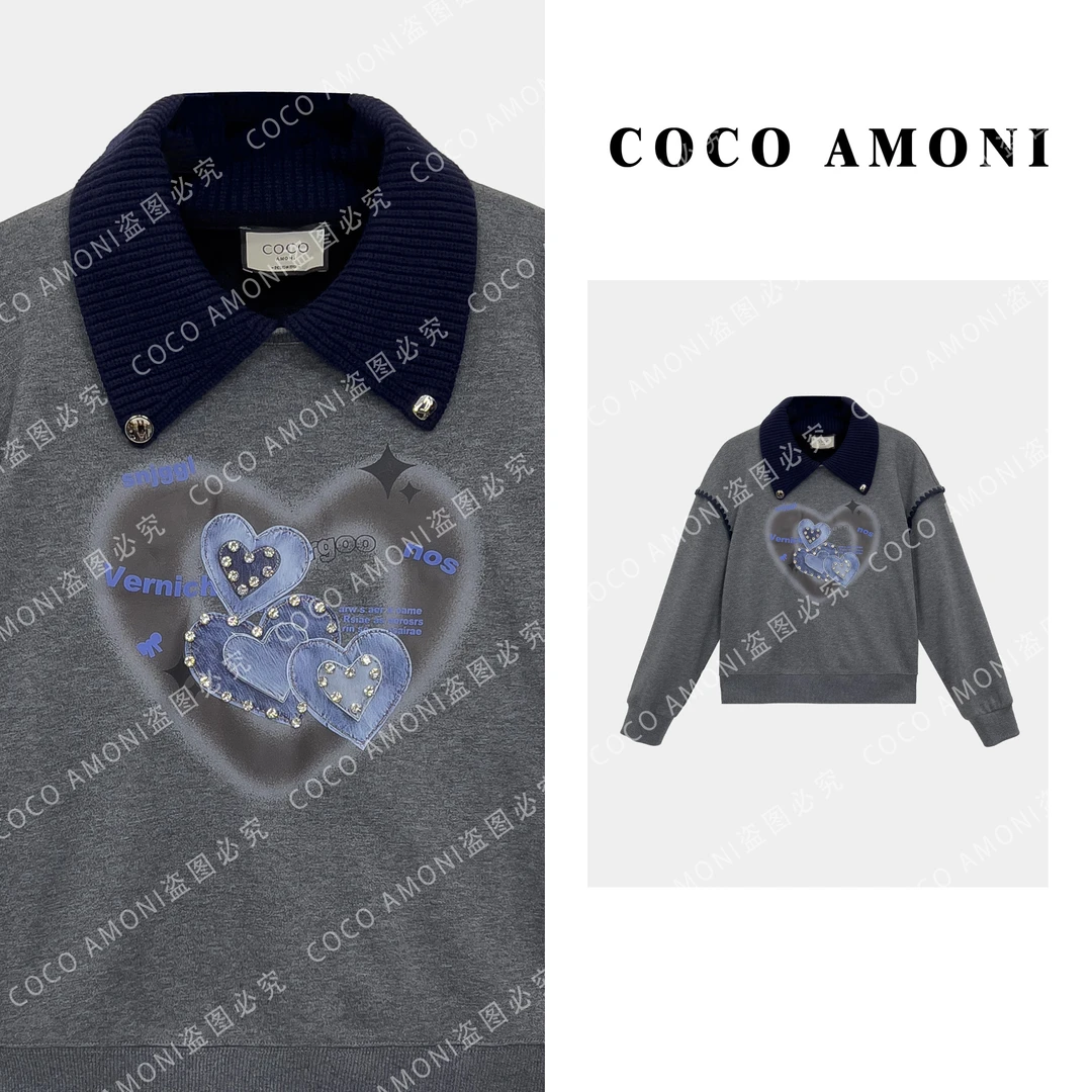 新款气质设计款假两件拼接重工烫钻爱心百搭显瘦长袖卫衣AB925