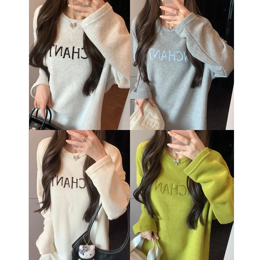 【mimius】&B游鹿鹿 加绒加厚字母刺绣宽松显瘦打底T恤 汉服 F11309