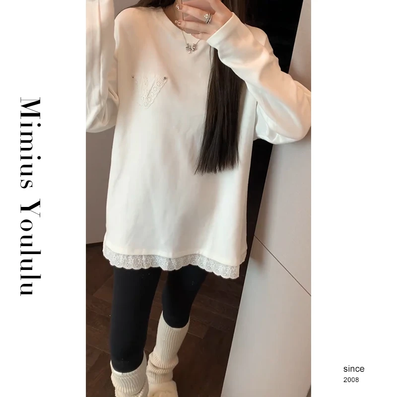 【mimius】&B游鹿鹿 蕾丝拼接简约宽松打底加绒加厚T恤 F11091