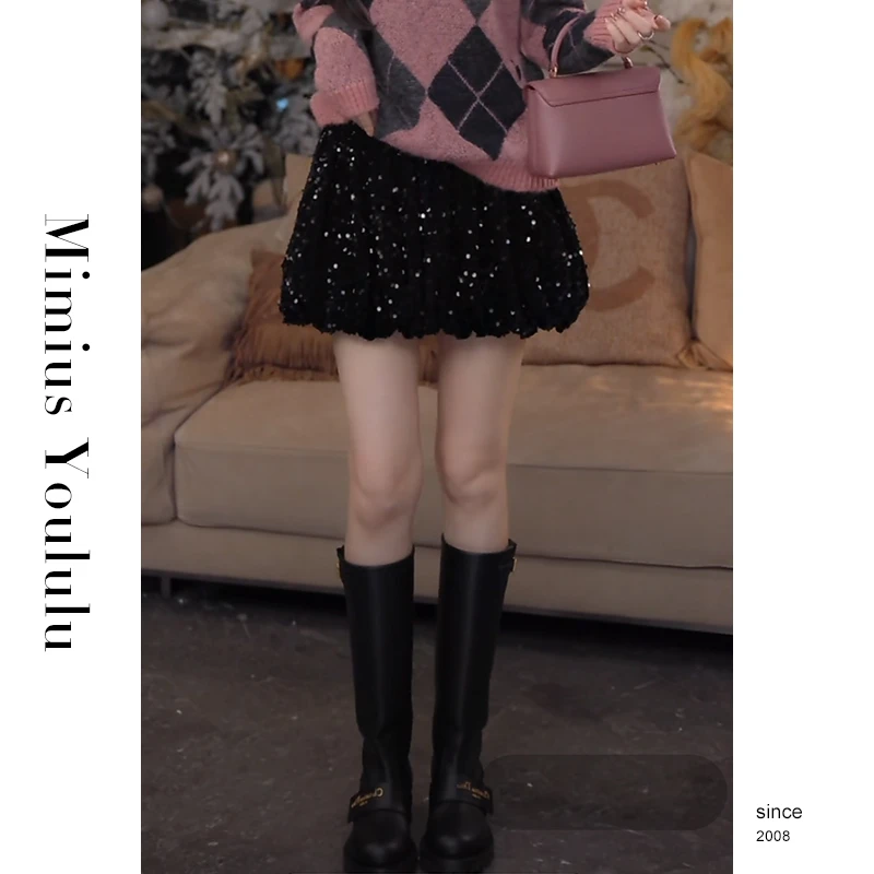 【mimius】喵喵 高腰显瘦亮片花苞半身裙裤 F11066