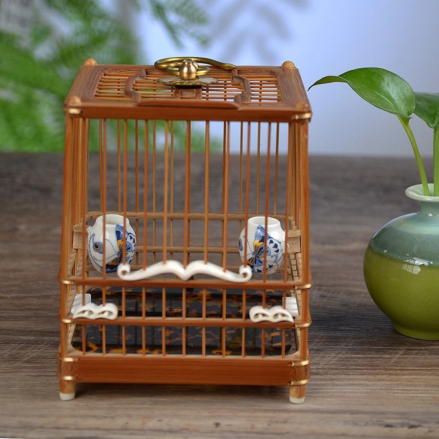 活底设计老竹方形牛骨配件蝈蝈笼搭配铜钩古典艺术老竹笼精品