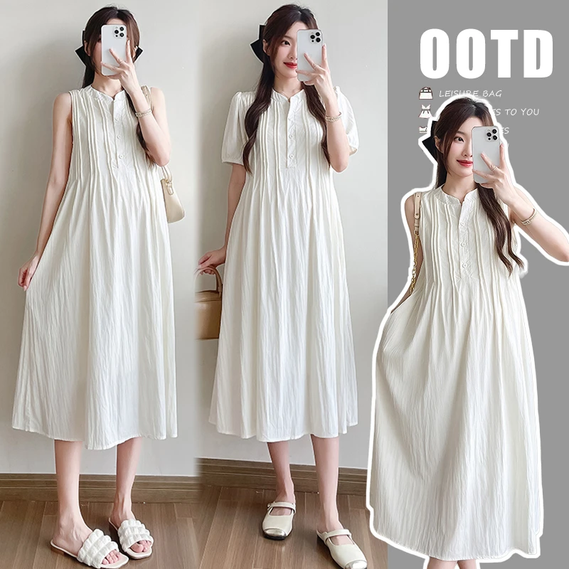 【常存】孕妇装2024夏款韩版时尚法式宽松遮肚压褶设计感孕妇裙子