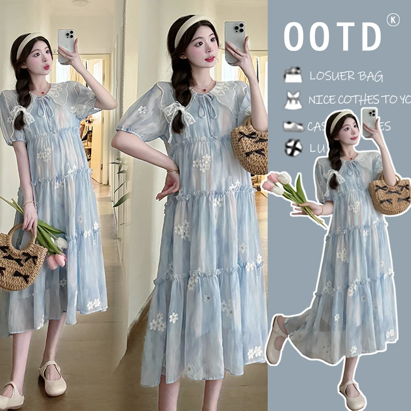 【常存】孕妇装夏季新款扎染曼波绿刺绣花朵显瘦肚中长款孕妇连衣裙