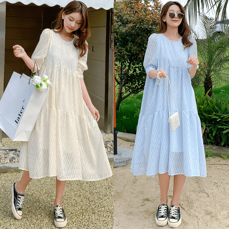 【常存】孕妇装2024夏装肌理感带口袋立体剪裁仙女裙泡泡袖孕妇裙