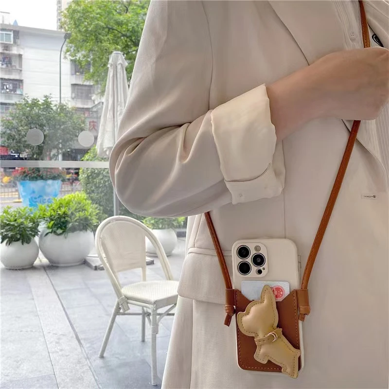 苹果14手机壳13Promax轻薄15网红14Promax创意12法斗犬斜挎绳卡包