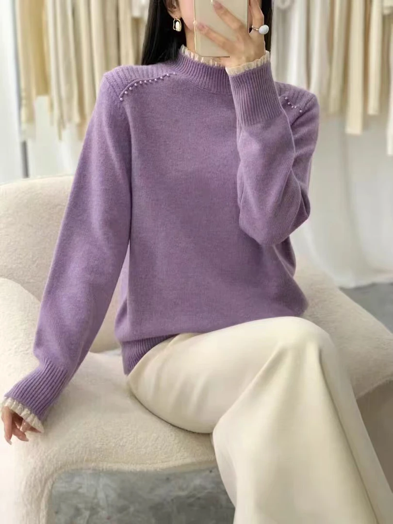 蜜熊绒冬季新款洋气百搭钉珠拼色花边领针织衫女打底衫上衣