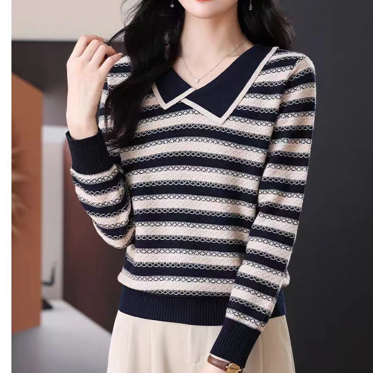 2025款翻领女士毛衣秋外穿条纹针织衫时尚洋气妈妈厚款打底毛衫