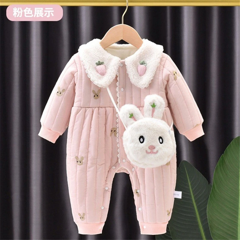 婴儿秋冬装加棉连体衣女宝超萌加绒公主洋气哈衣加厚保暖外出爬服