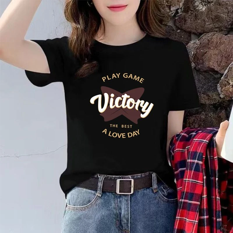 100%纯棉短袖t恤女正肩2024新款夏季学生韩版宽松ins潮流字母上衣