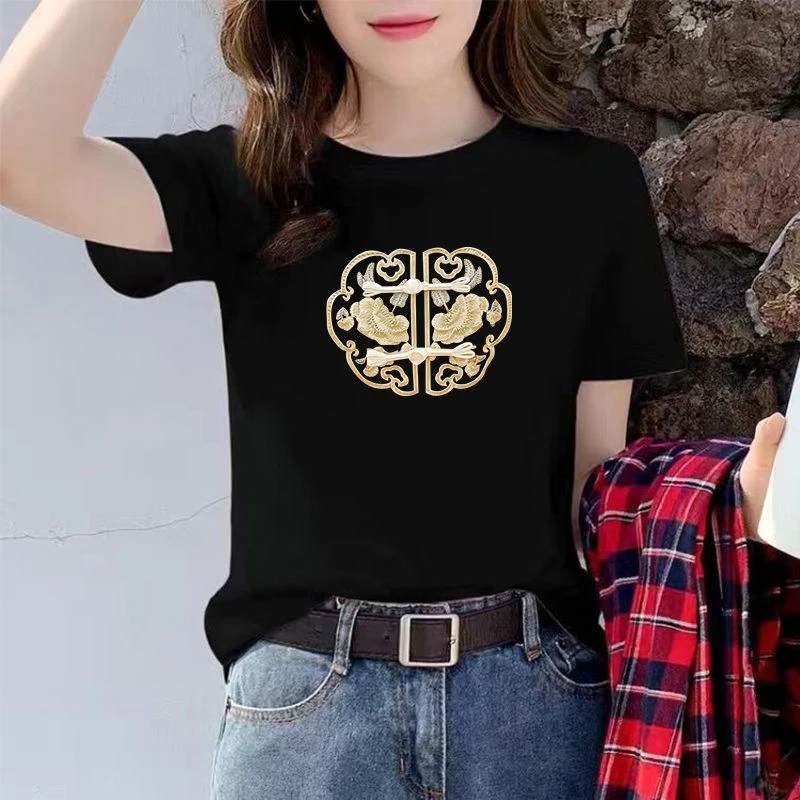 纯棉短袖T恤女夏季新款国风新中式印花时尚百搭爆款正肩宽松上衣t