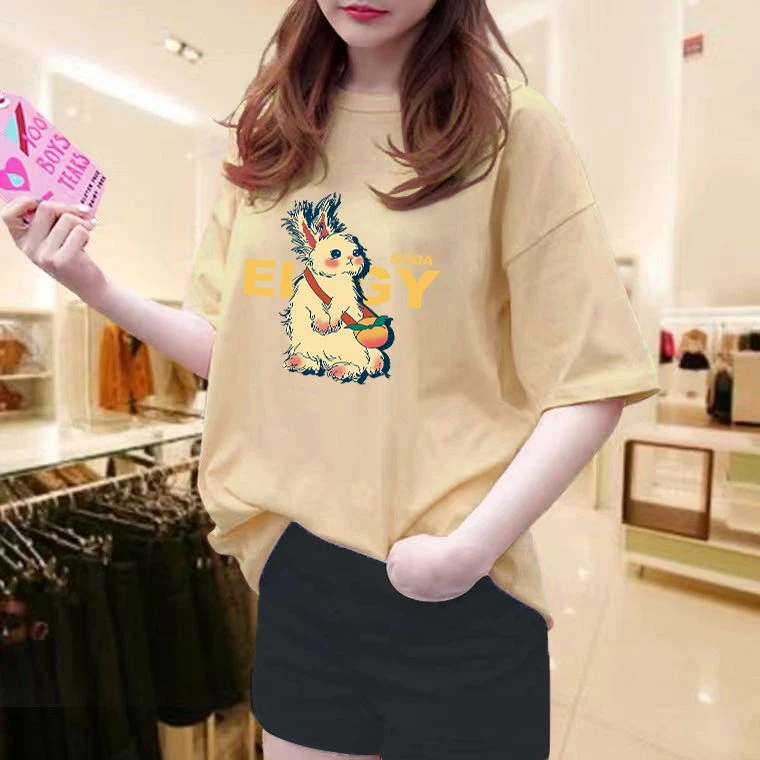 杏色兔子100%纯棉短袖t恤女夏季新款宽松休闲半袖体恤ins潮上衣服