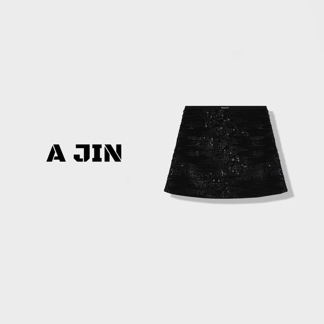 【舞茶小调】黑色亮片半身裙2024秋冬季新款高腰小香风A字包臀短裙