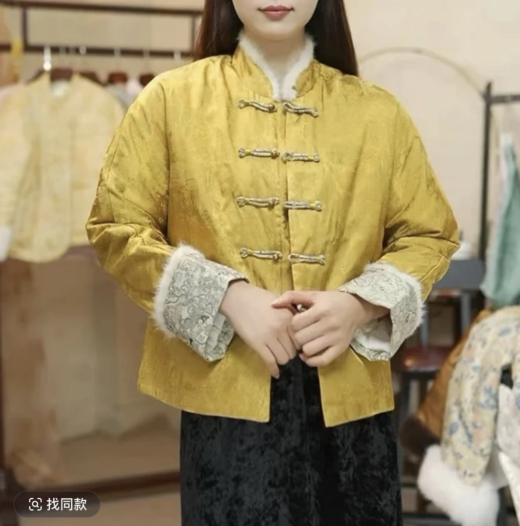 【鎏金岁月】新中式织金复古拼宋锦水貂毛棉服外套-011