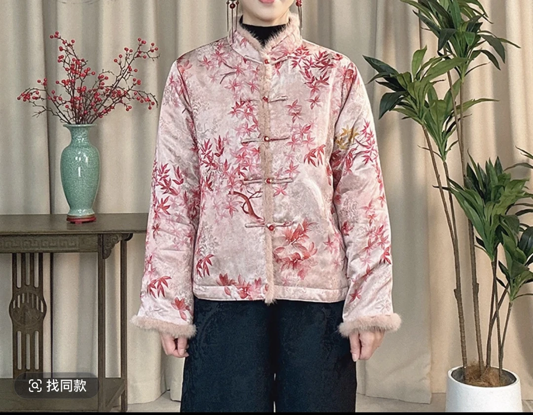 枫叶提花国风棉服外套女冬款新中式复古立领加厚宽松棉衣女001