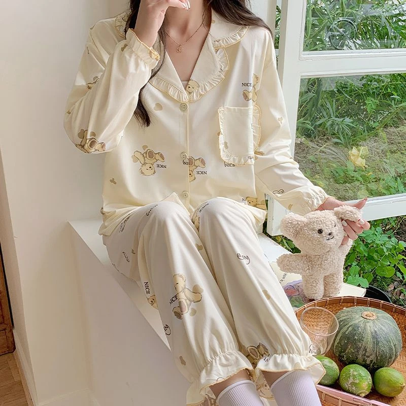 简约风舒适翻领长袖套装柔软舒适睡衣女士家居服KVT-58386