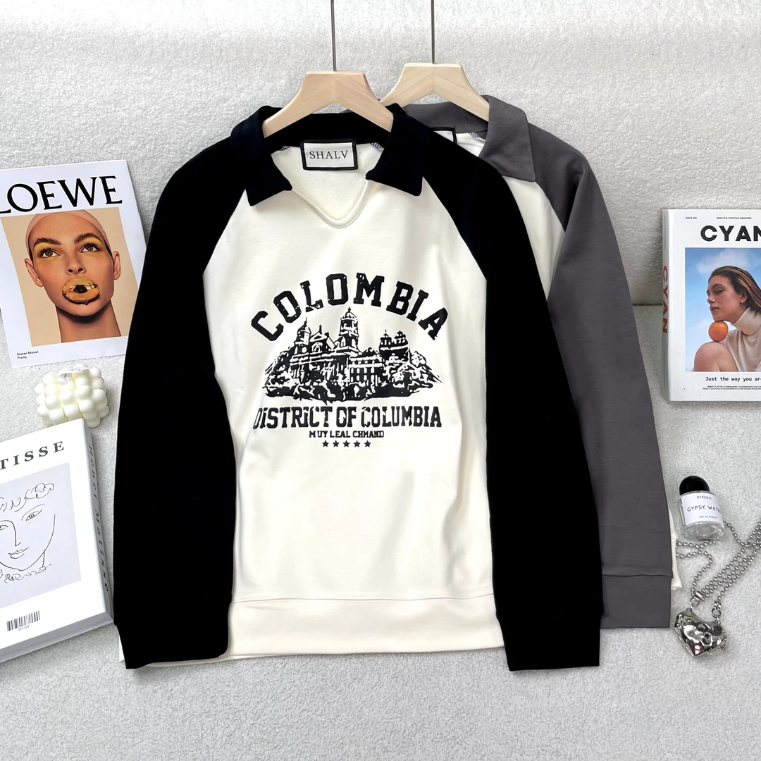 【100%棉卫衣】~ POLO领长袖卫衣舒适高级感宽松百搭拼色上衣59119