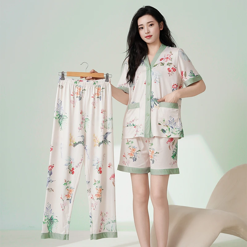 “鸟语花香”睡衣女套装夏季开衫亲肤舒适宽松家居服三件套82301