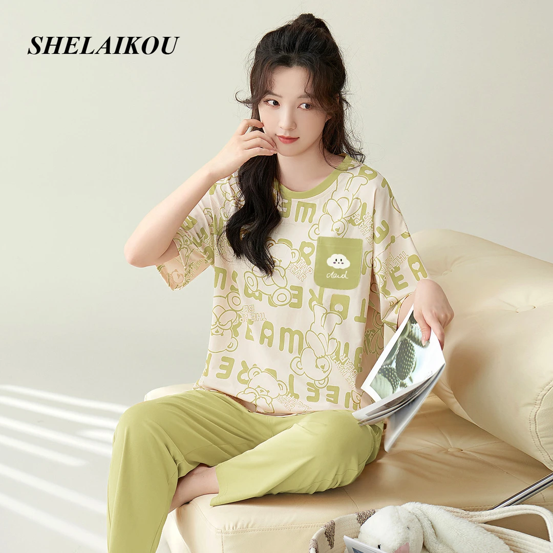 夏季薄款卡通印花圆领套头睡衣套装男女式家居服可外穿 58711.XG