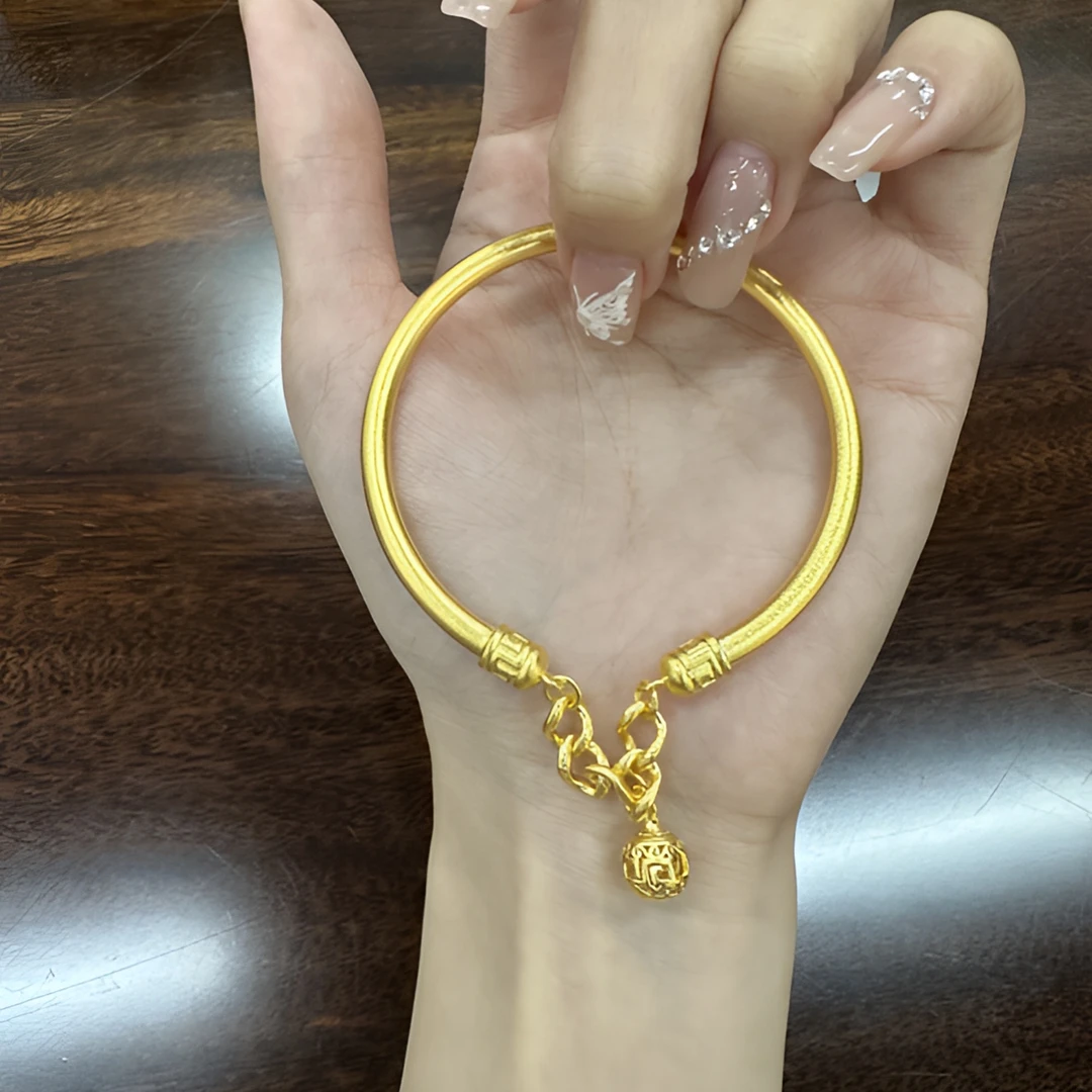 足银手镯 银铸厚金百搭银包了金手镯宫铃手镯亮面磨砂情侣送礼盒