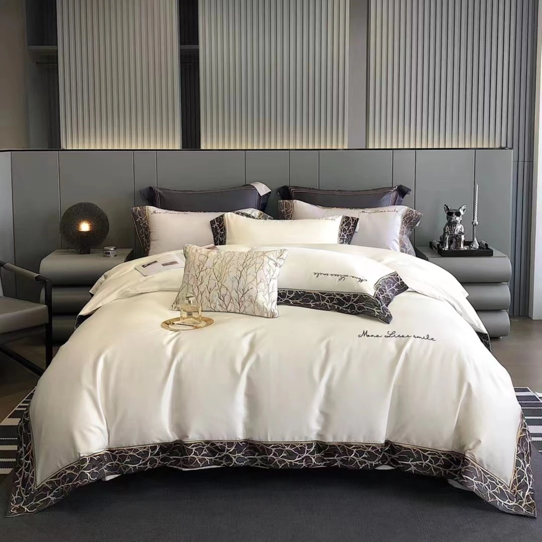 蒂诺  全棉轻奢简约大气边绣绣花四件套高端床上用品