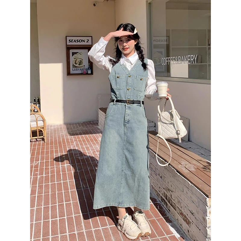 2024早春新款韩版时尚简约纯色衬衫单排扣背心显瘦连衣裙两件套装