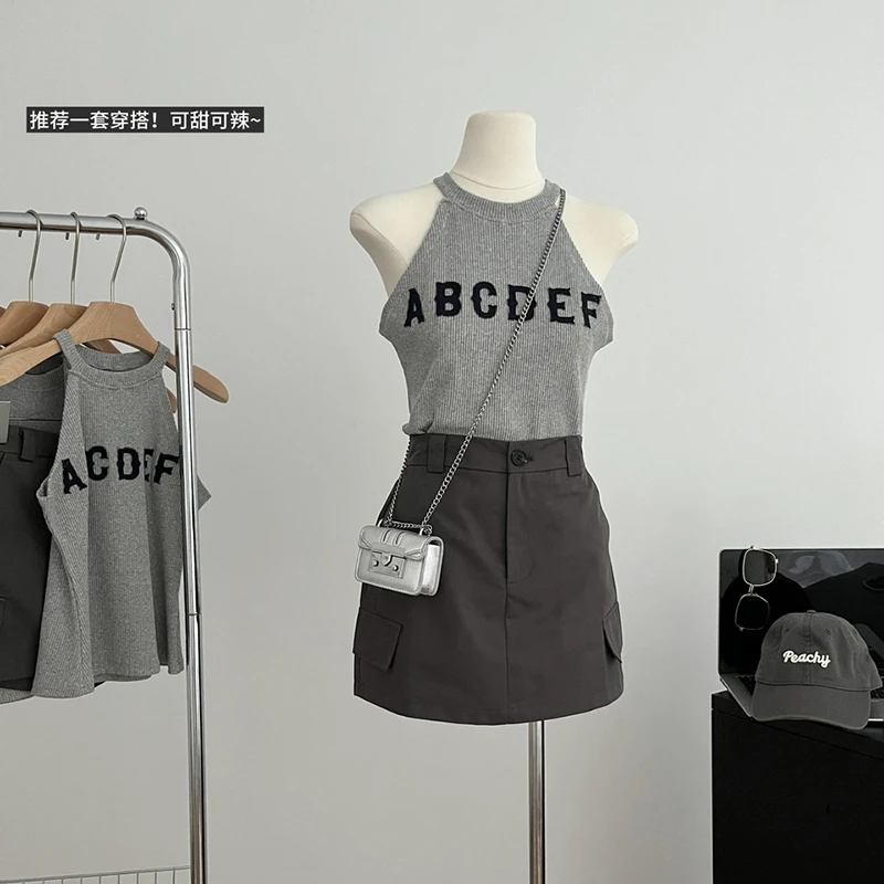 夏季新款韩版辣妹字母无袖挂脖吊带背心女美式工装牛仔半身裙套装
