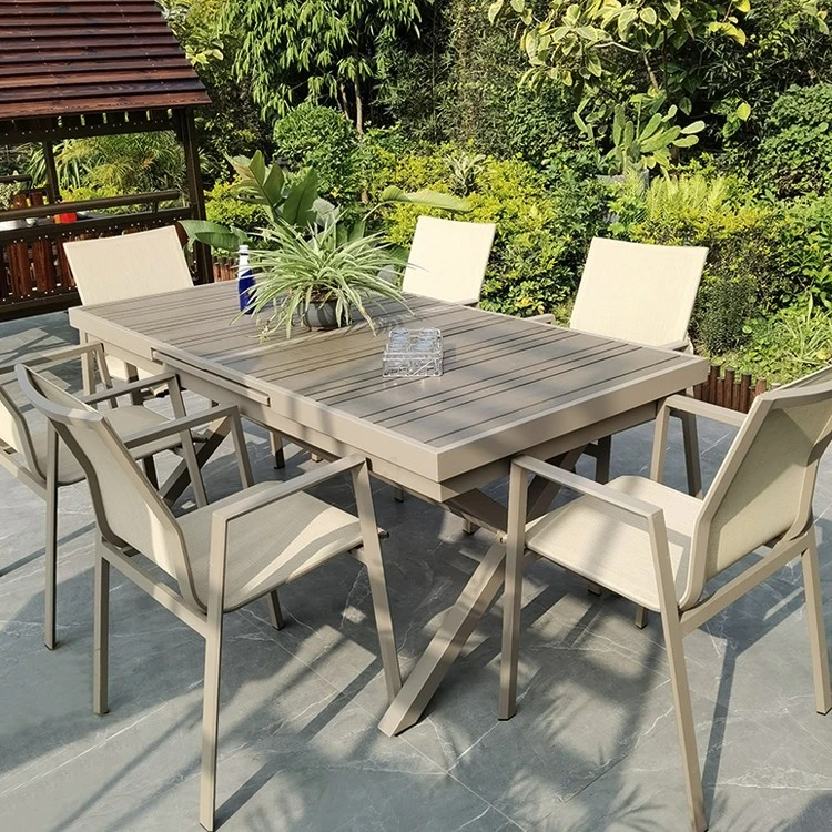 北欧户外桌椅庭院露天茶桌室外休闲塑木伸缩铝合金餐桌组合台