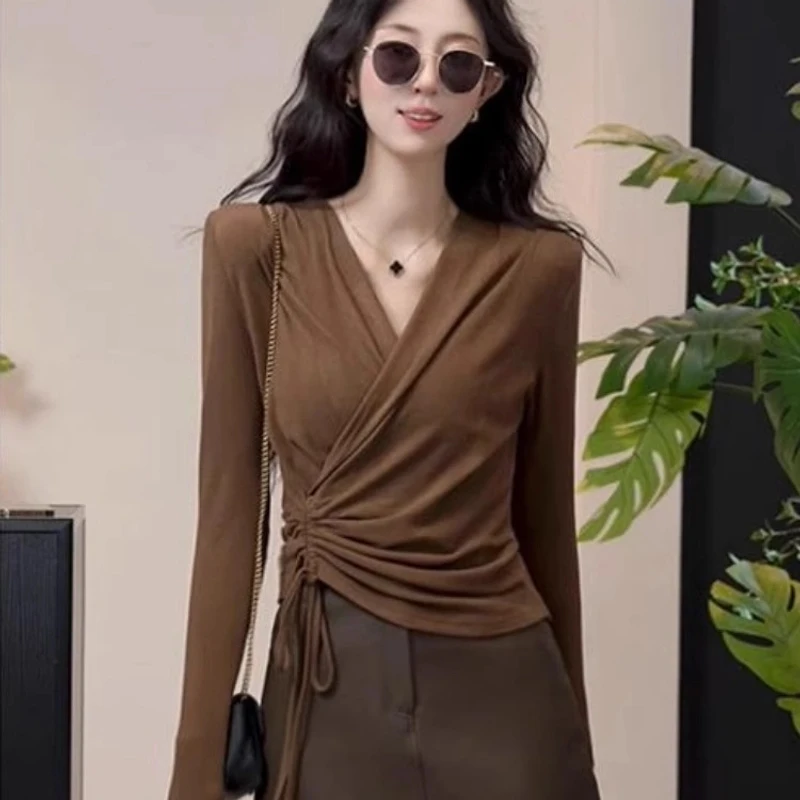 设计感不规则法式褶皱交叉v领t恤女洋气修身短款打底衫上衣长袖