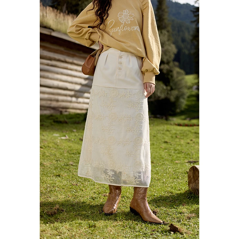 【直播专属】谜秀蕾丝拼接假两件半身裙百搭A字裙子MPD42B0476