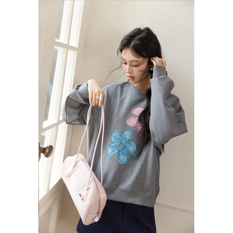 【直播专属】谜秀慵懒风灰色圆领套头卫衣宽松MXD48V0113