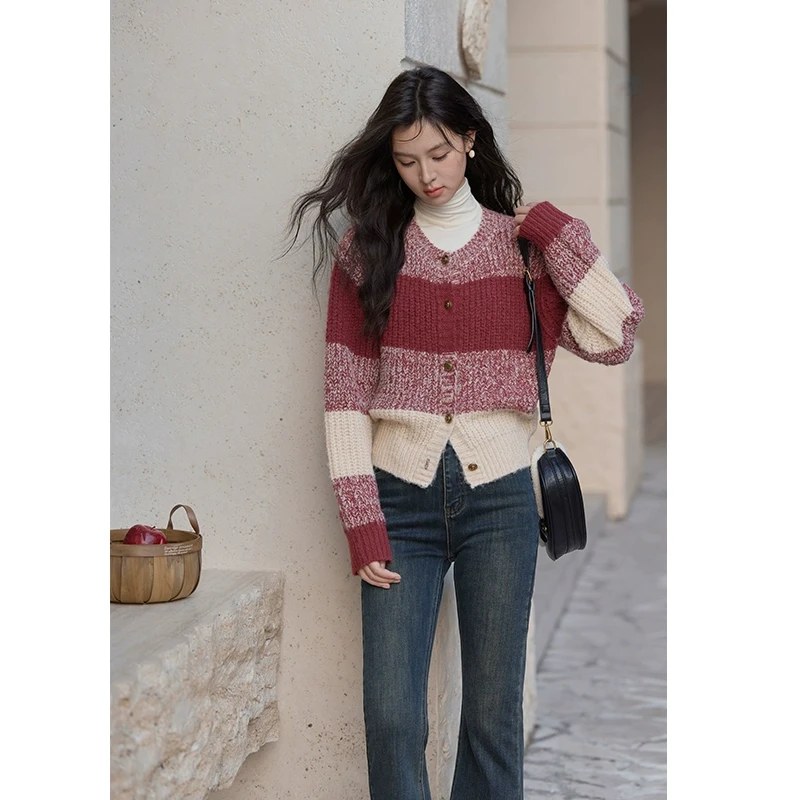 【直播专属】谜秀针织开衫撞色条纹圆领慵懒风毛衣外套MXD56Z0921