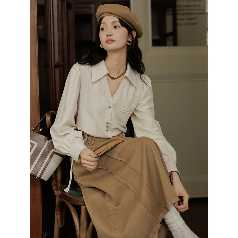 【小铃铛专属】谜秀衬衫长袖法式翻领设计感简约衬衣上衣MXD43C0306