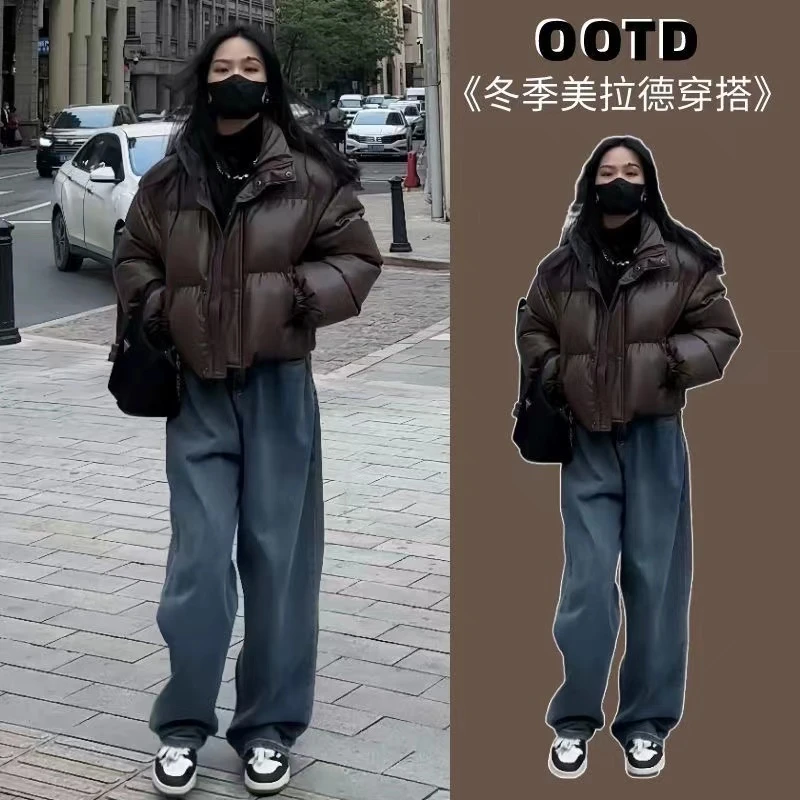 免洗pu皮棉服女短款新款冬季加厚立领面包服小个子肯豆外套