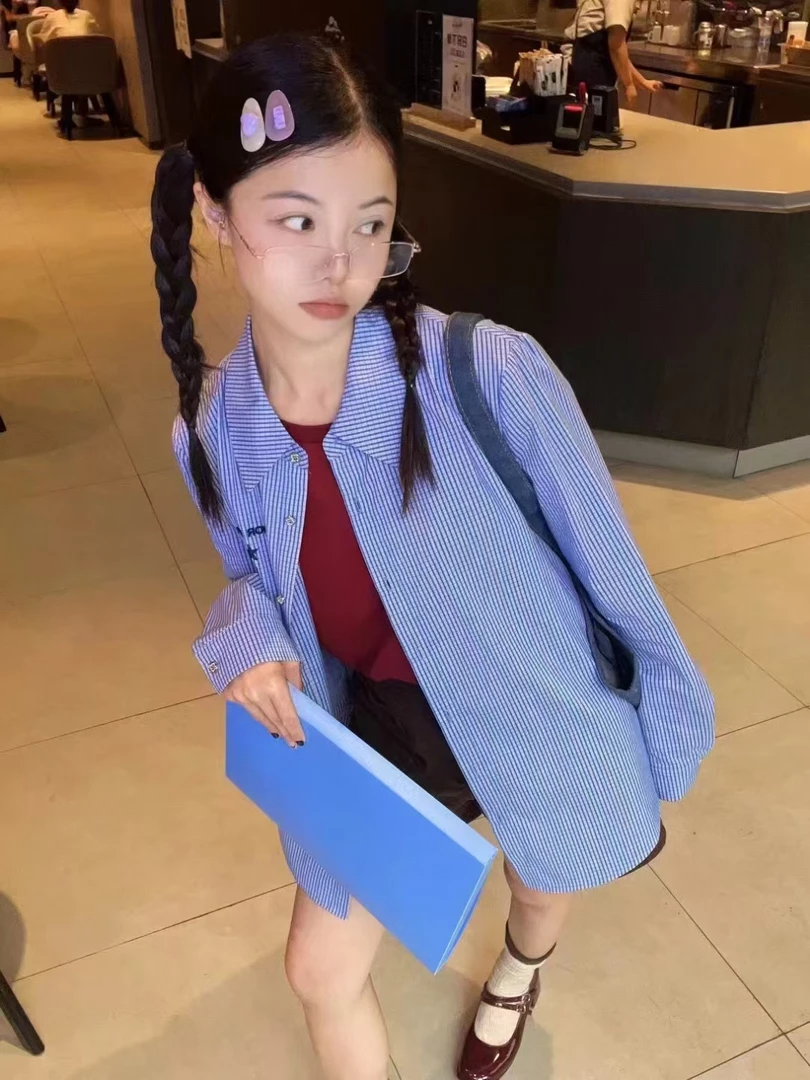 [俪妍]蓝格纹衬衣