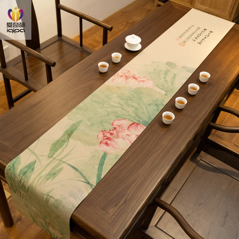 并蒂芙蓉新中式荷花禅意茶席垫布棉麻布艺防水茶巾桌布桌旗复古